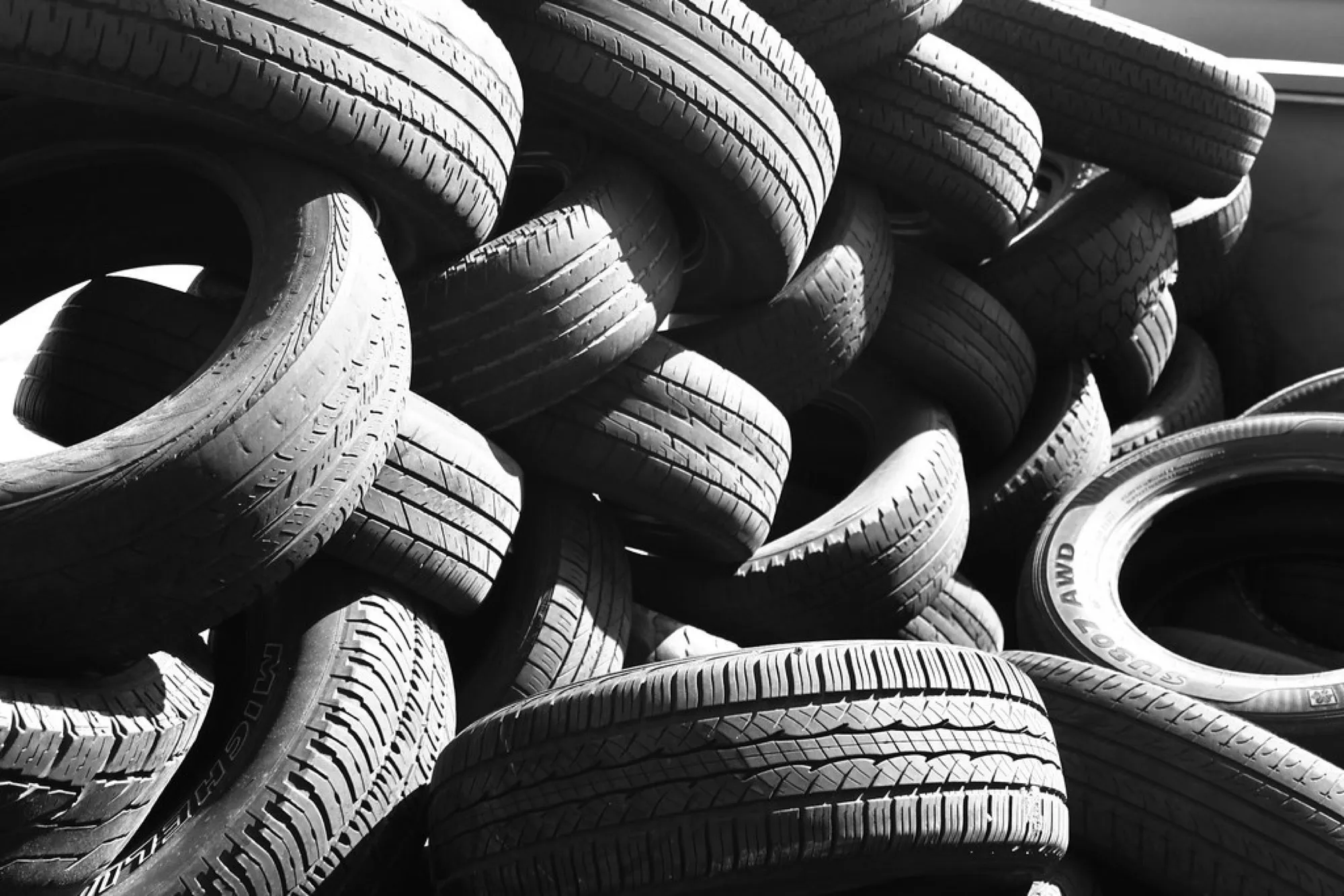 Close-up of a pile of waste tyres